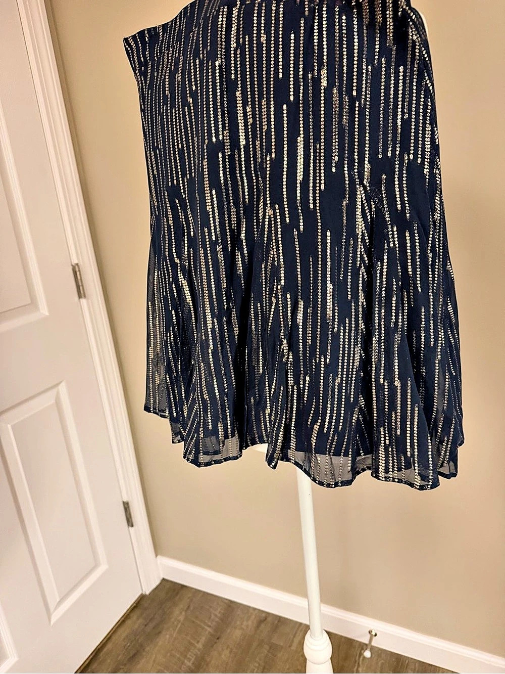 White House, Black market shimmery, gold, and blue skirt
